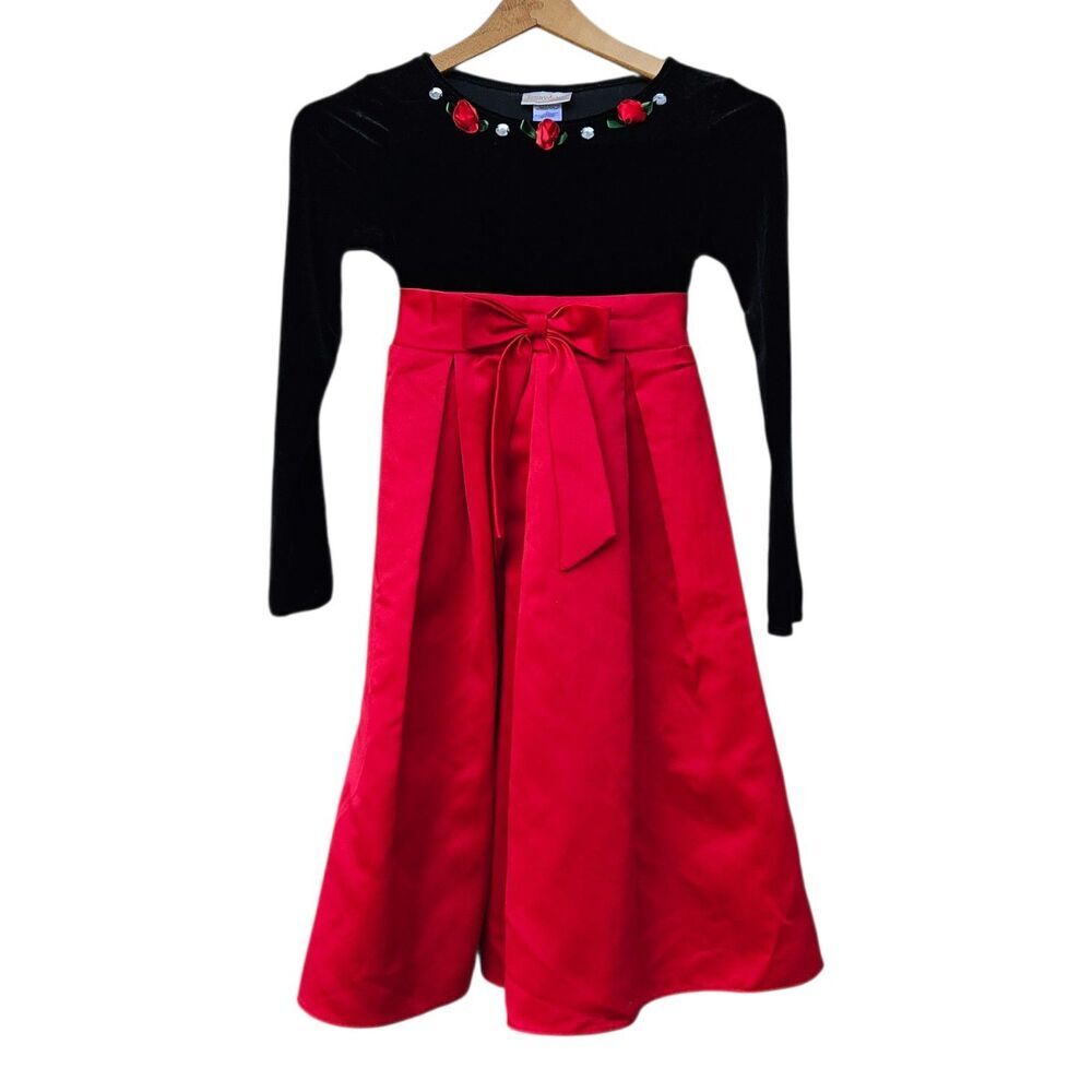 Jennie & Me Girl’s 10 Holiday Dress Black Velvet Red Satin Pleated Skirt Bow